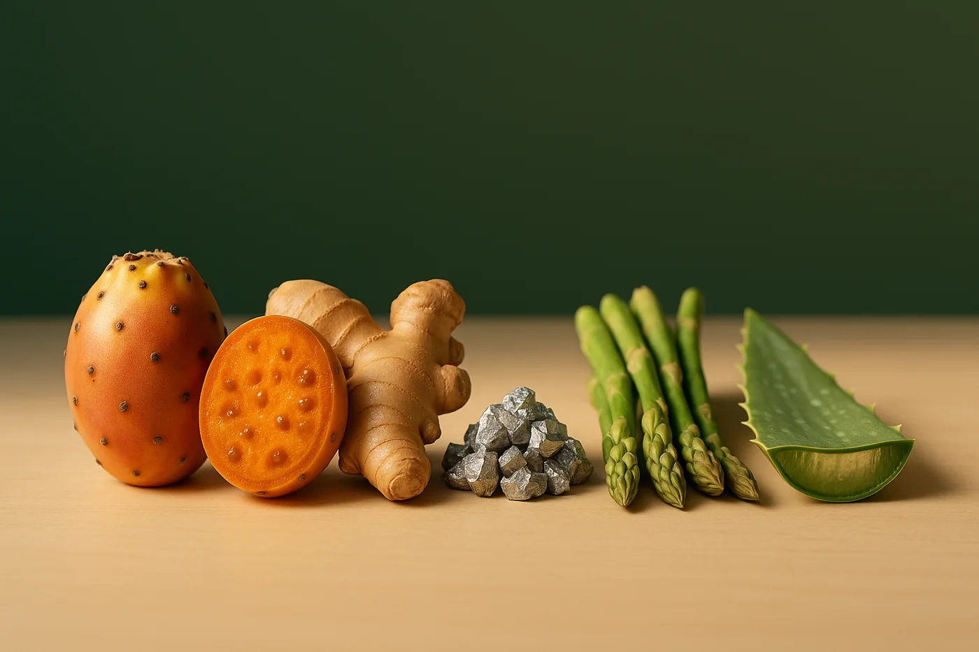 Viungo vitano vya ProstAid: tunda la opuntia, mzizi wa tangawizi, zinki, asparagasi na aloe vera